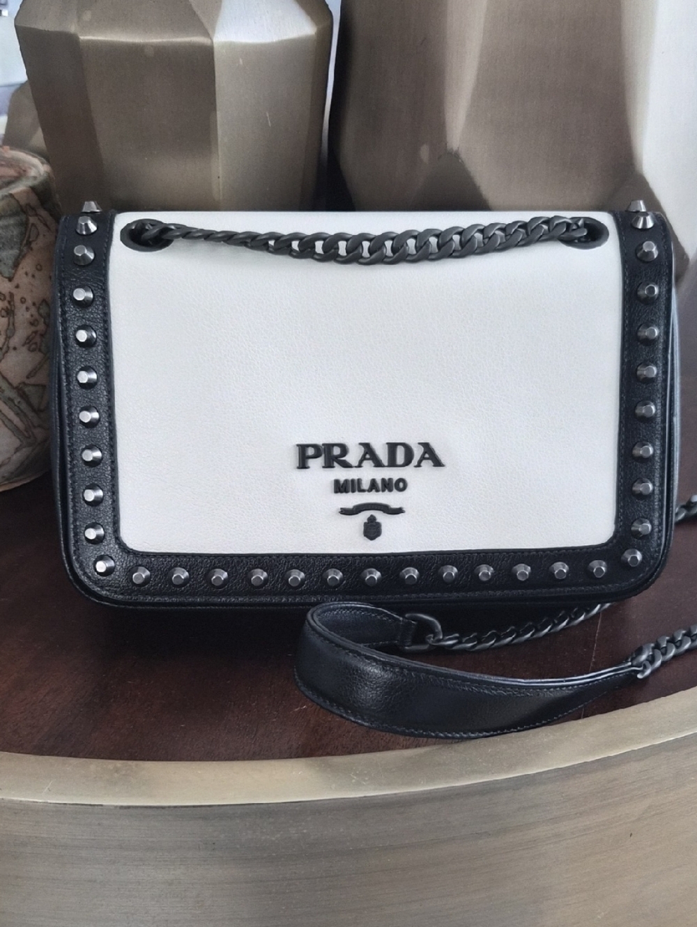 Prada Two-Tone Studded Leather Shoulder Bag - White & Black NWT